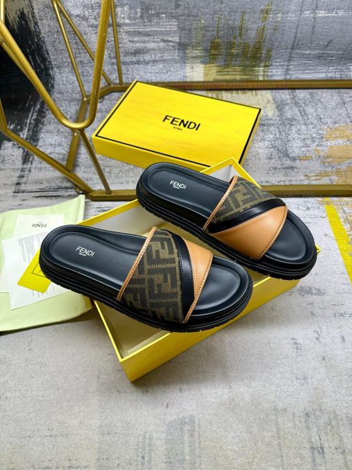 FENDI's latest wide padded slippers with brown FF jacquard and brown cowhide stitching, blacojexm7uv - Image 6