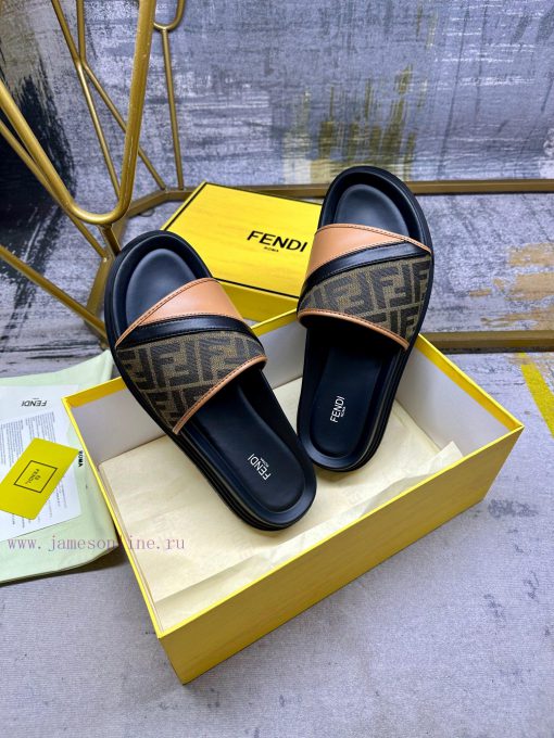 FENDI's latest wide padded slippers with brown FF jacquard and brown cowhide stitching, blacojexm7uv - Image 7