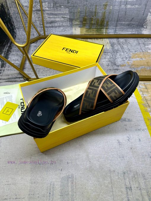 FENDI cross strap slippers, brown FF jacquard fabric, detailed brown leather decoration, nonr5y28g49 - Image 7