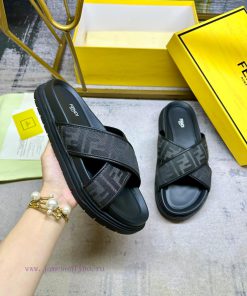 FENDI cross strap slippers, gray FF jacquard fabric, black leather decoration details, non ssgr45u4v