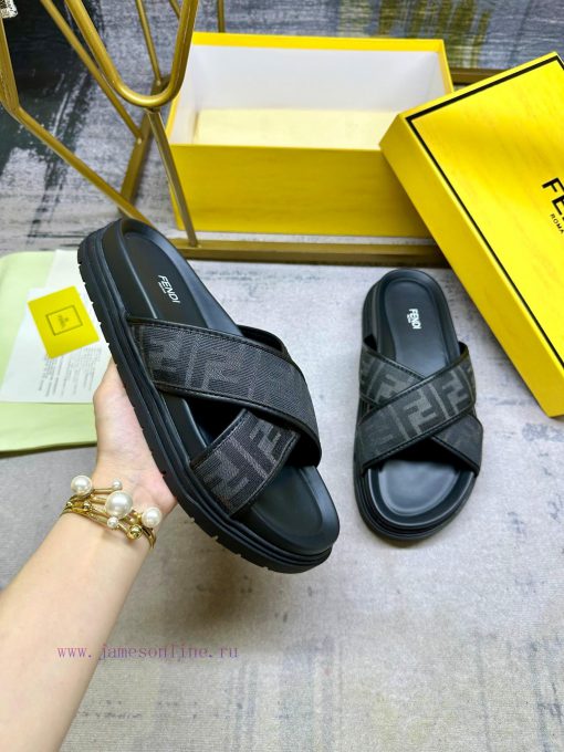 FENDI cross strap slippers, gray FF jacquard fabric, black leather decoration details, non ssgr45u4v