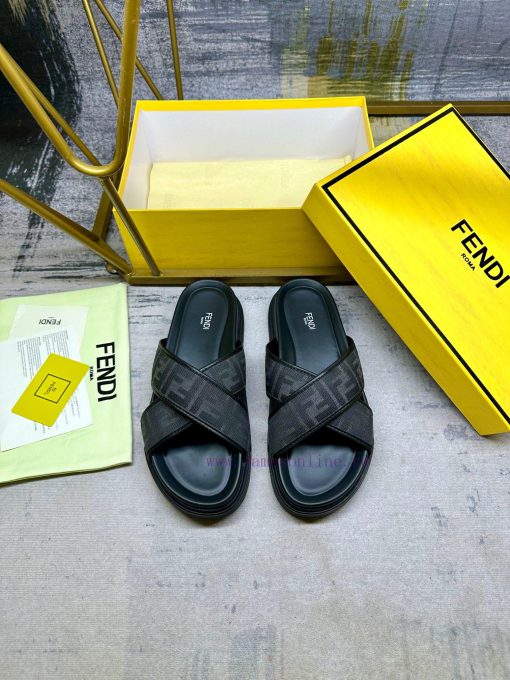 FENDI cross strap slippers, gray FF jacquard fabric, black leather decoration details, non ssgr45u4v - Image 4