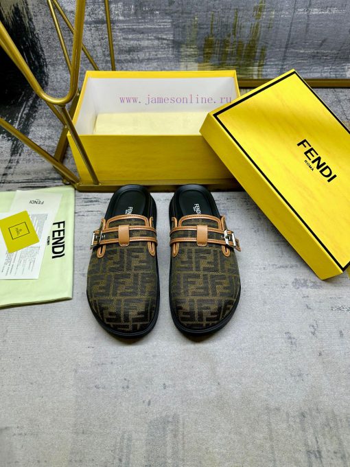 FENDI's latest round headed flat bottom slippers, made of brown FF jacquard fabric, decoratez4ts74eb - Image 4
