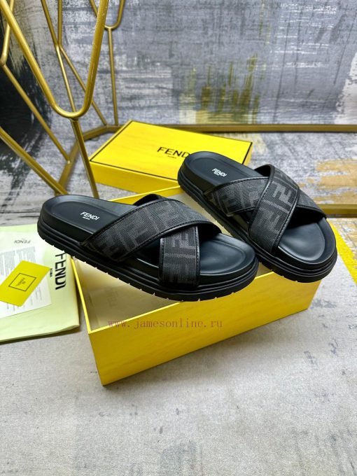 FENDI cross strap slippers, gray FF jacquard fabric, black leather decoration details, non ssgr45u4v - Image 5