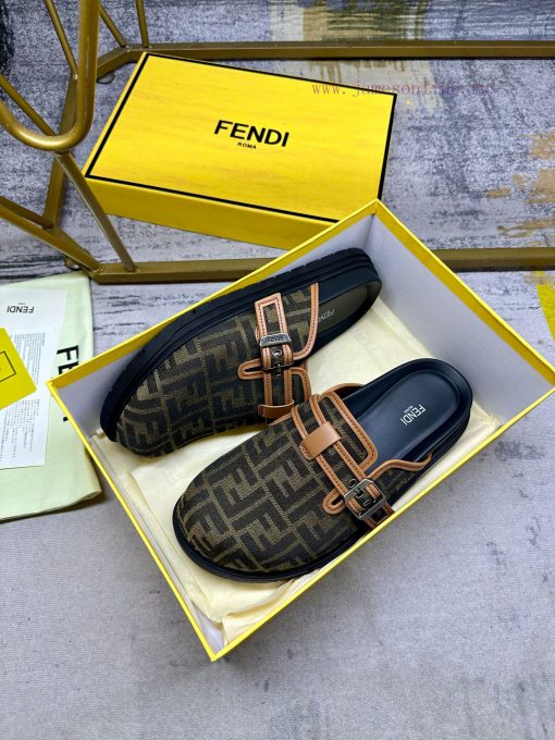 FENDI's latest round headed flat bottom slippers, made of brown FF jacquard fabric, decoratez4ts74eb - Image 6