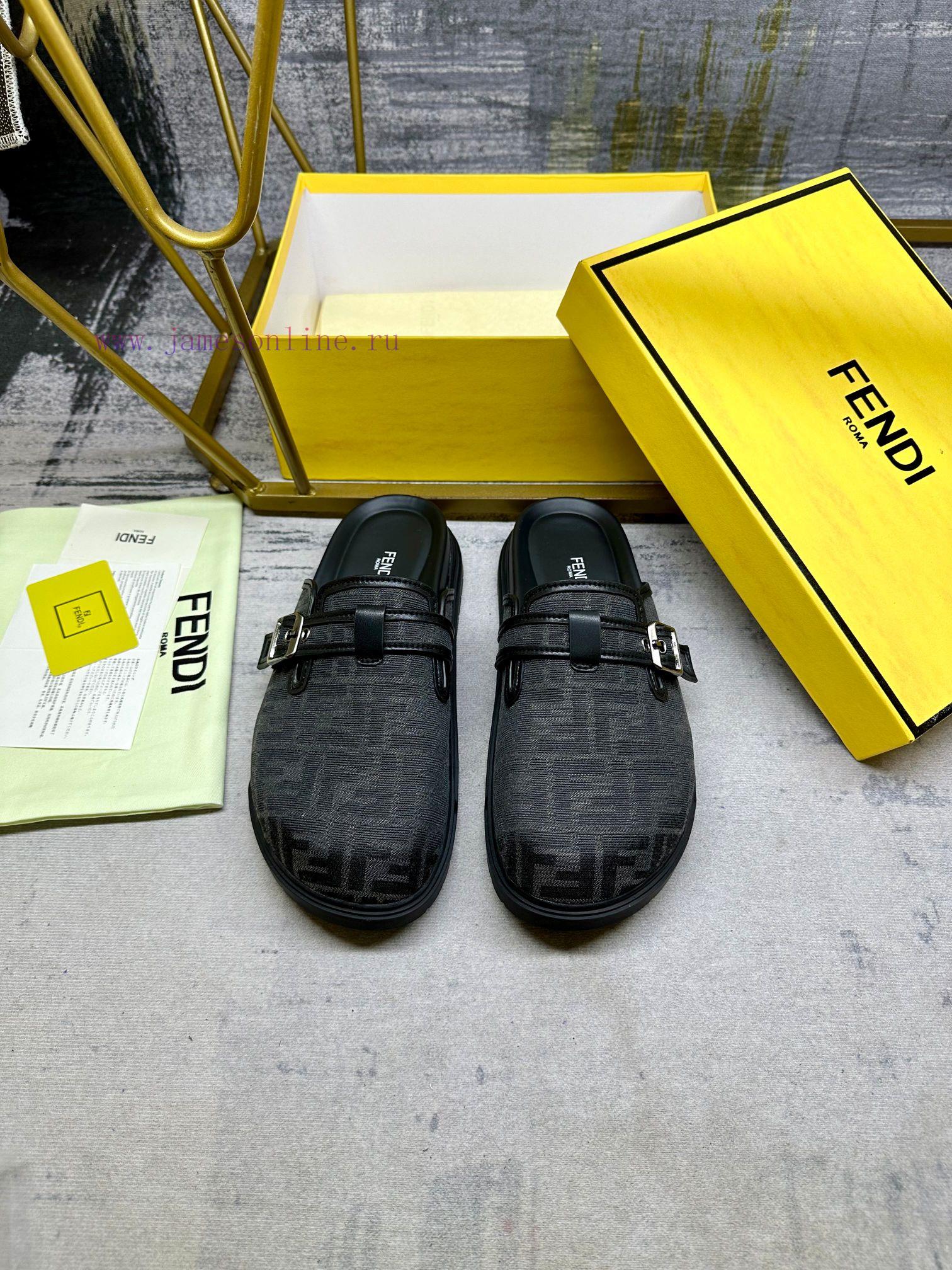FENDI's latest round headed flat bottom slippers, made of gray FF jacquard fabric, decoratedfxsuxtns - Image 4