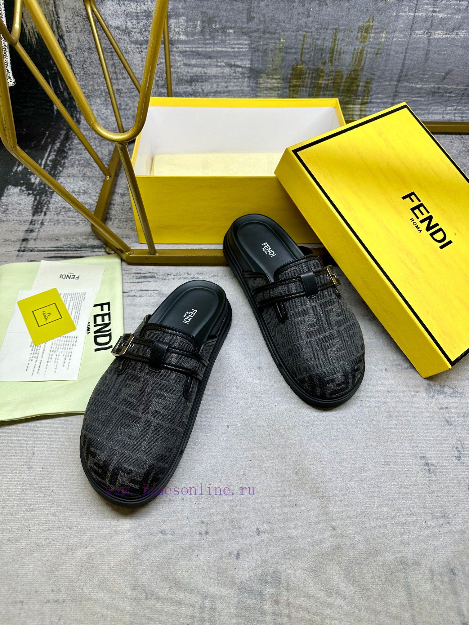 FENDI's latest round headed flat bottom slippers, made of gray FF jacquard fabric, decoratedfxsuxtns - Image 5