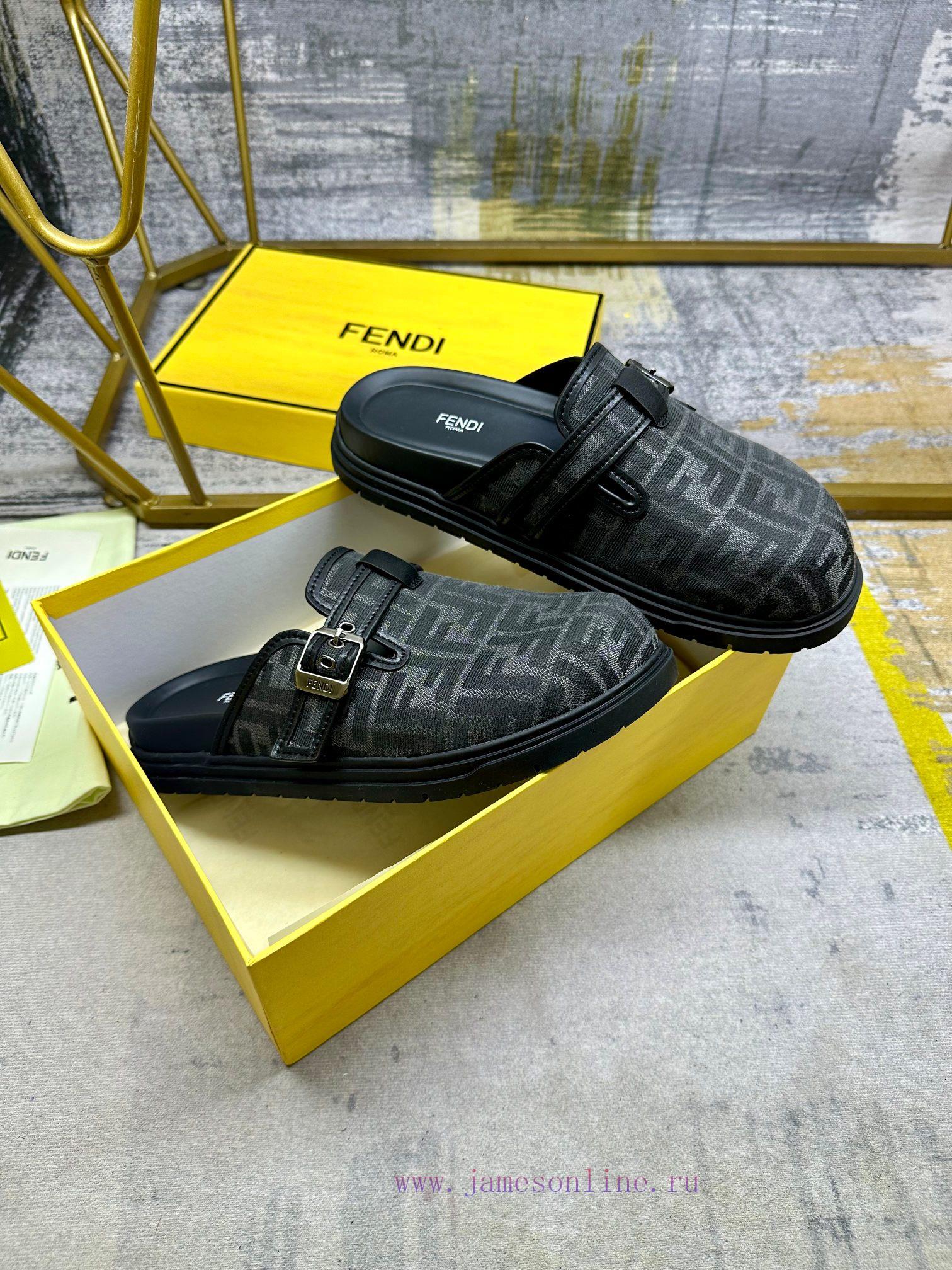 FENDI's latest round headed flat bottom slippers, made of gray FF jacquard fabric, decoratedfxsuxtns - Image 6