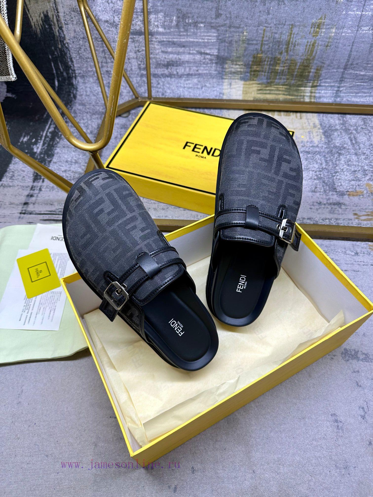 FENDI's latest round headed flat bottom slippers, made of gray FF jacquard fabric, decoratedfxsuxtns - Image 7