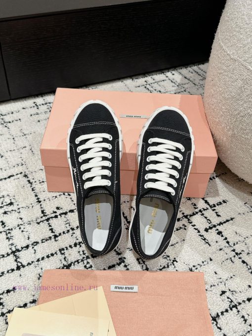 Miu Miu | Miu Miu 24/Autumn/Winter New Canvas British Style Strap Thick Bottom Casual ShoesT16dysyui - Image 5