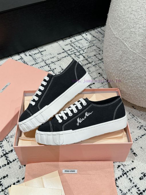 Miu Miu | Miu Miu 24/Autumn/Winter New Canvas British Style Strap Thick Bottom Casual ShoesT16dysyui - Image 6