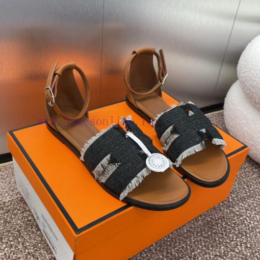 Hermes Spring/Summer Classic Santorini Color blocked I-shaped Dragging Women's Shoes H Home ql2h2c26 - Image 4