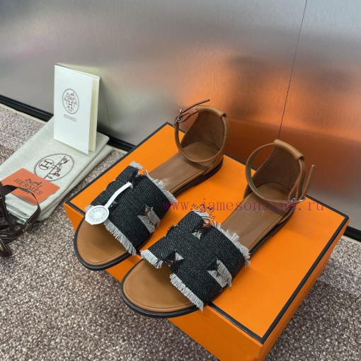 Hermes Spring/Summer Classic Santorini Color blocked I-shaped Dragging Women's Shoes H Home ql2h2c26 - Image 3