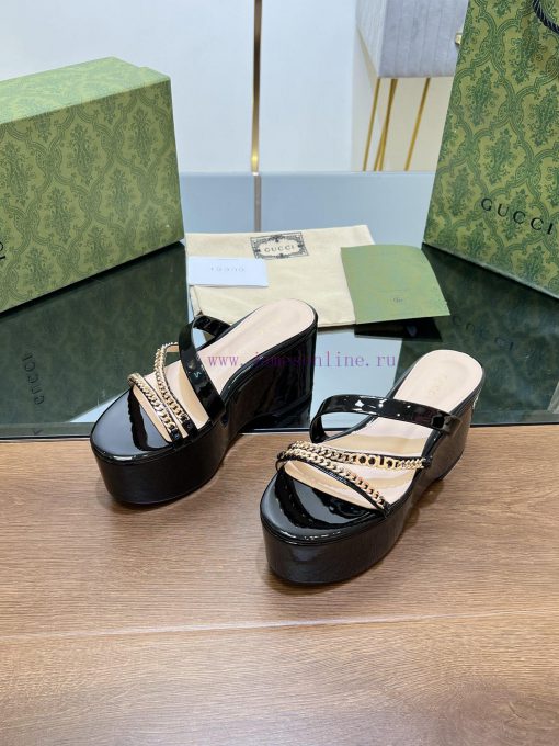 Gucci/Gucci2024 Summer New Product Waterproof Platform Gold Chain Sandals Slope Heel Thick B5b5hbynu - Image 3