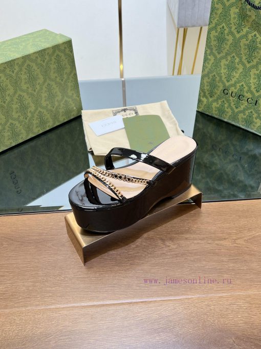Gucci/Gucci2024 Summer New Product Waterproof Platform Gold Chain Sandals Slope Heel Thick B5b5hbynu - Image 4