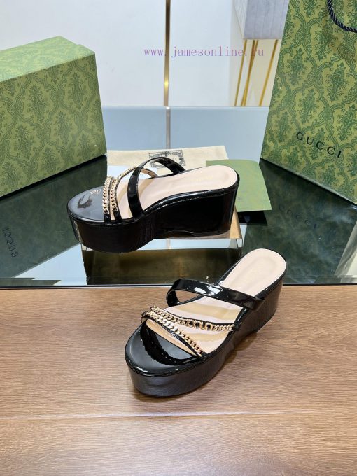 Gucci/Gucci2024 Summer New Product Waterproof Platform Gold Chain Sandals Slope Heel Thick B5b5hbynu - Image 8