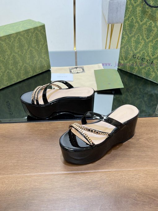 Gucci/Gucci2024 Summer New Product Waterproof Platform Gold Chain Sandals Slope Heel Thick B5b5hbynu - Image 9
