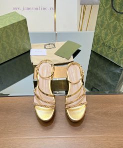 Gucci/Gucci2024 Summer New Product Waterproof Platform Gold Chain Sandals Slope Heel Thick Ba447kii2