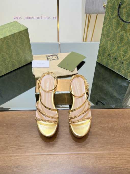 Gucci/Gucci2024 Summer New Product Waterproof Platform Gold Chain Sandals Slope Heel Thick Ba447kii2