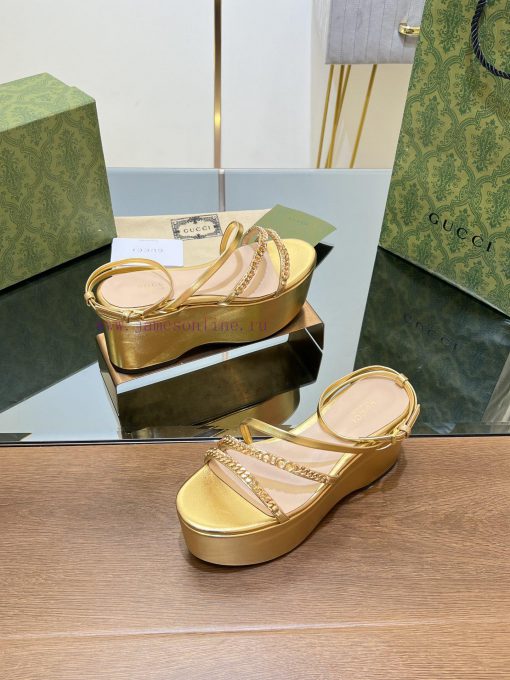 Gucci/Gucci2024 Summer New Product Waterproof Platform Gold Chain Sandals Slope Heel Thick Ba447kii2 - Image 5