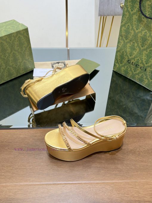 Gucci/Gucci2024 Summer New Product Waterproof Platform Gold Chain Sandals Slope Heel Thick Ba447kii2 - Image 6