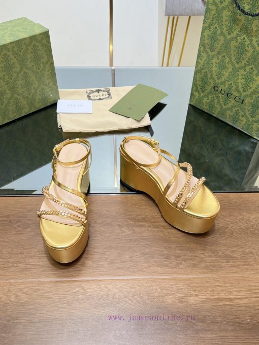 Gucci/Gucci2024 Summer New Product Waterproof Platform Gold Chain Sandals Slope Heel Thick Ba447kii2 - Image 7