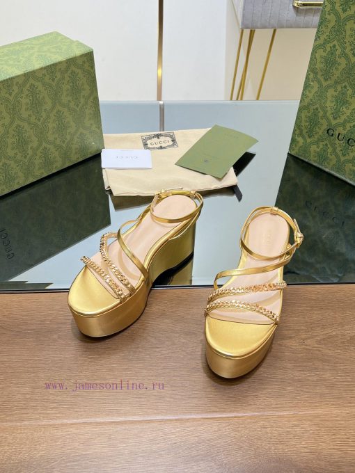 Gucci/Gucci2024 Summer New Product Waterproof Platform Gold Chain Sandals Slope Heel Thick Ba447kii2 - Image 8