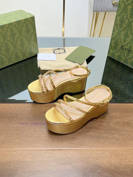 Gucci/Gucci2024 Summer New Product Waterproof Platform Gold Chain Sandals Slope Heel Thick Ba447kii2 - Image 9