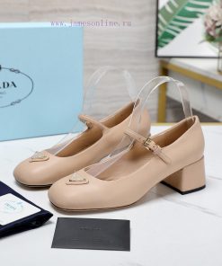 PRADA 24 𝐬𝐬 Autumn/Winter Show Women's Shoes Triangle Logo Round Head Coarse Heel Fashion St1mgeaclq