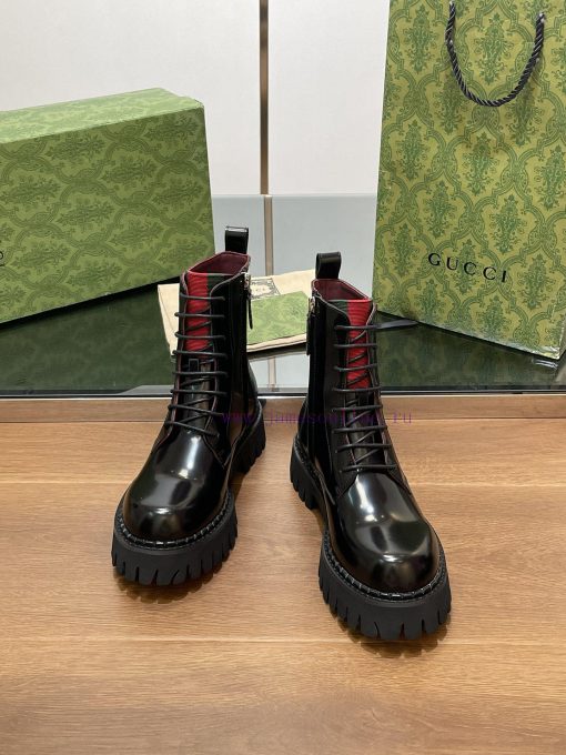 2024 Autumn/Winter Latest GUCCI Red and Green Ribbon Side Zipper Strap Short Boots with Grool333ajrr - Image 4