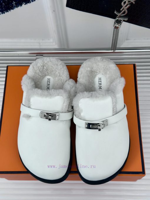 Hermer/Hermes Classic Kelly BuckleBoken hairy slippers with a half toe coverAutumn and wintefz3bkpyl - Image 5