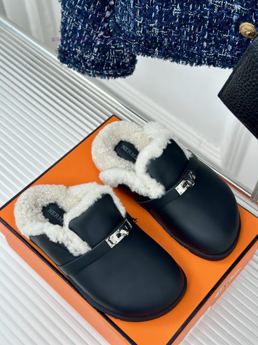 Hermer/Hermes Classic Kelly BuckleBoken hairy slippers with a half toe coverAutumn and wintee5n8nsip - Image 4