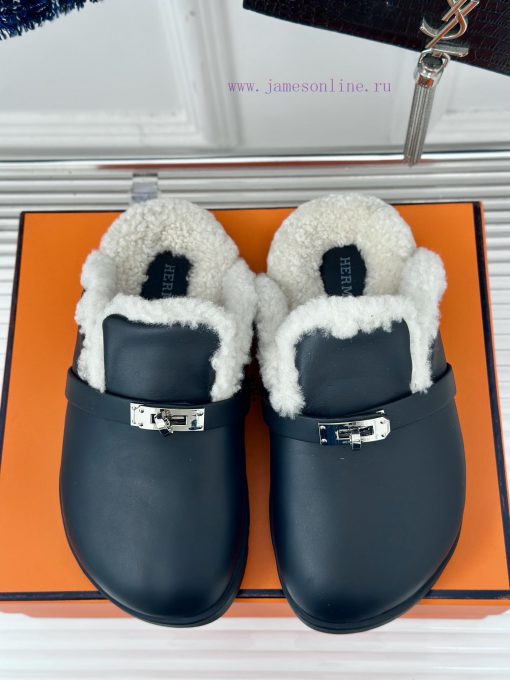 Hermer/Hermes Classic Kelly BuckleBoken hairy slippers with a half toe coverAutumn and wintee5n8nsip - Image 5