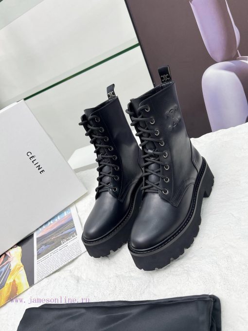 Celine 2024 Triumphal Arch Martin Strap Thick Bottom Flat Bottom Coarse Heel Coarse Boots Fan2buobet - Image 3