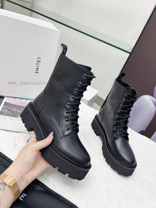 Celine 2024 Triumphal Arch Martin Strap Thick Bottom Flat Bottom Coarse Heel Coarse Boots Fan2buobet - Image 6