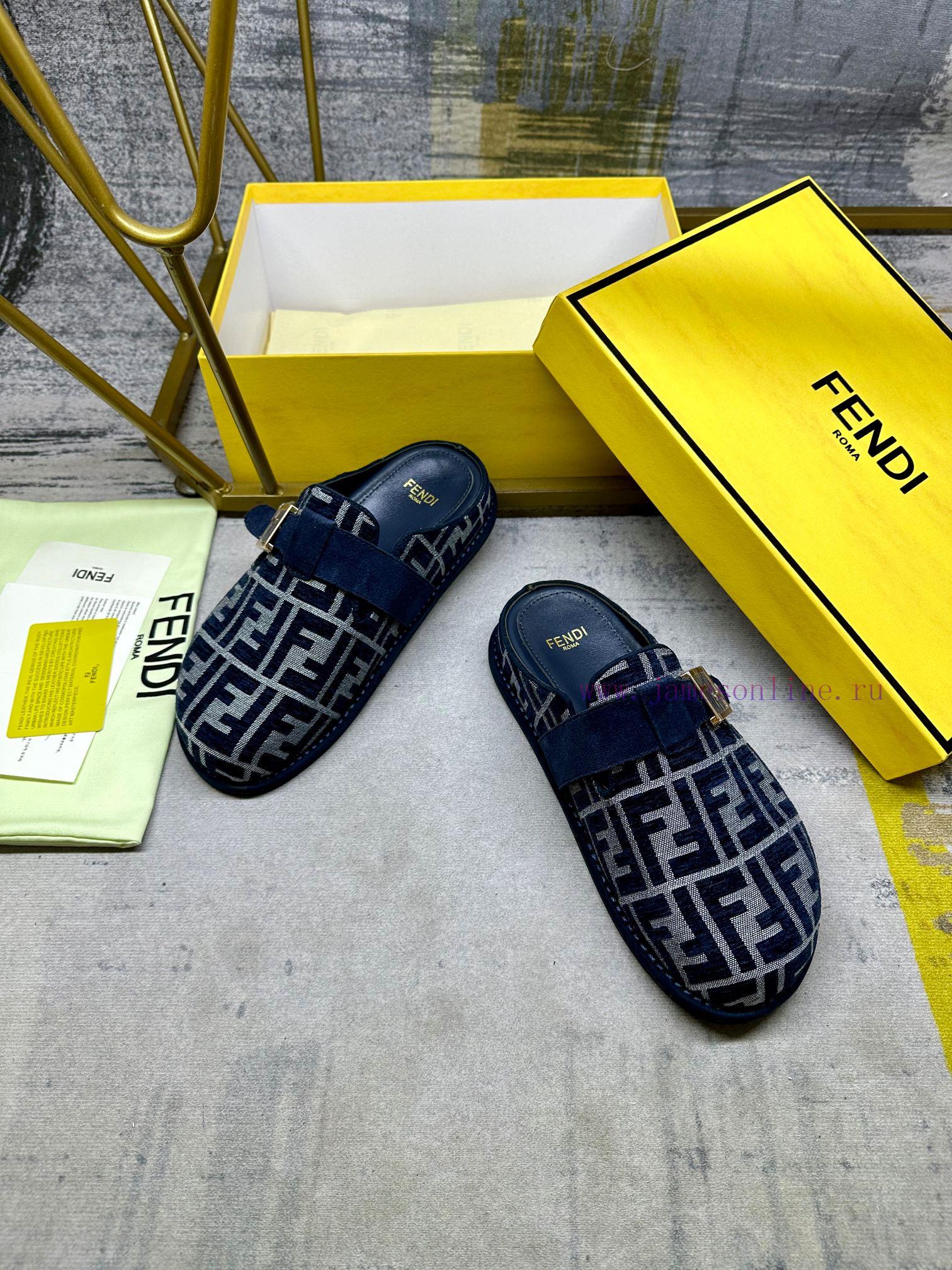 FENDI's latest popular half pack slippers with FF decorative buckle, gray denim material decxgokecvk - Image 5