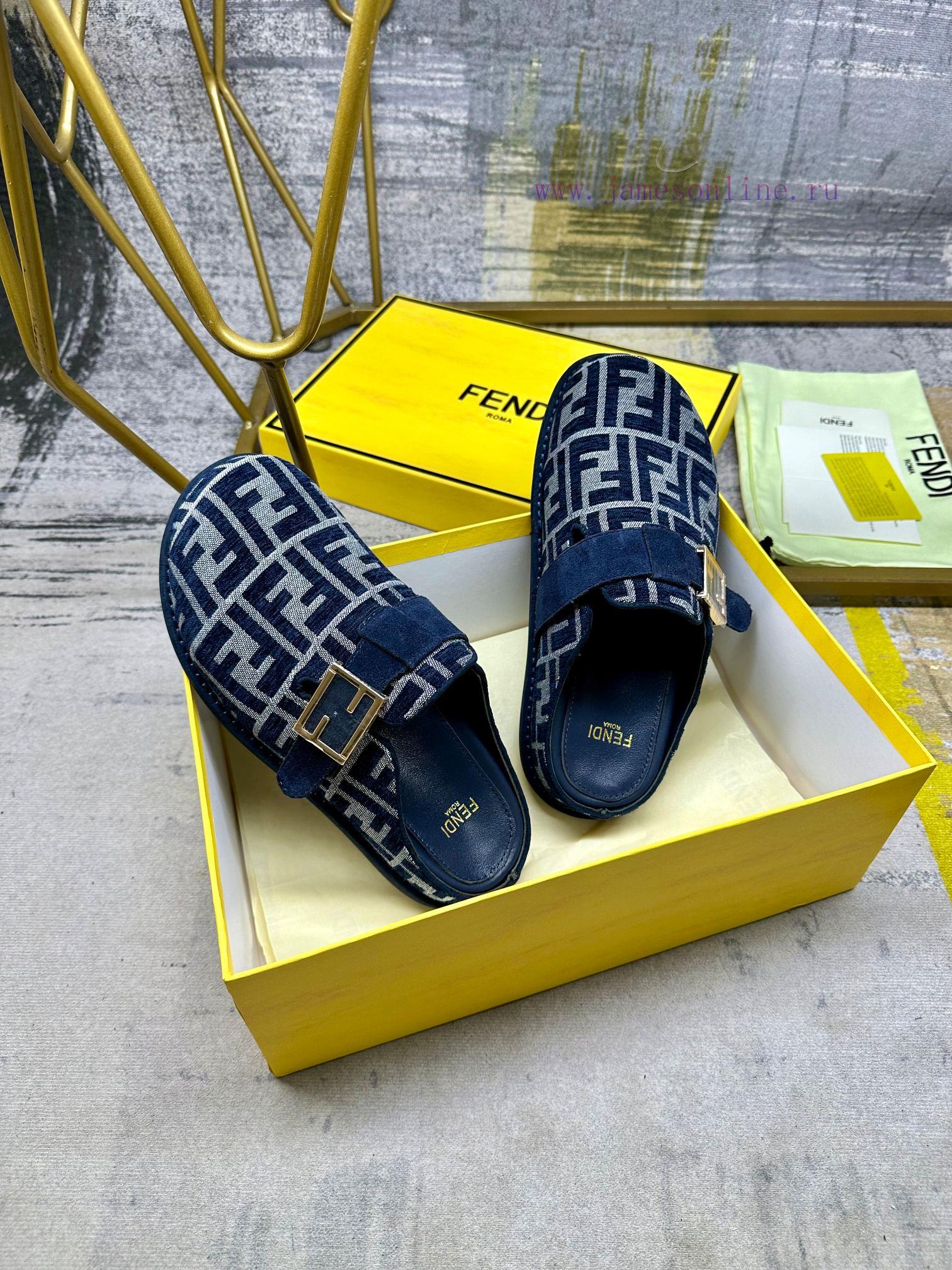 FENDI's latest popular half pack slippers with FF decorative buckle, gray denim material decxgokecvk - Image 6