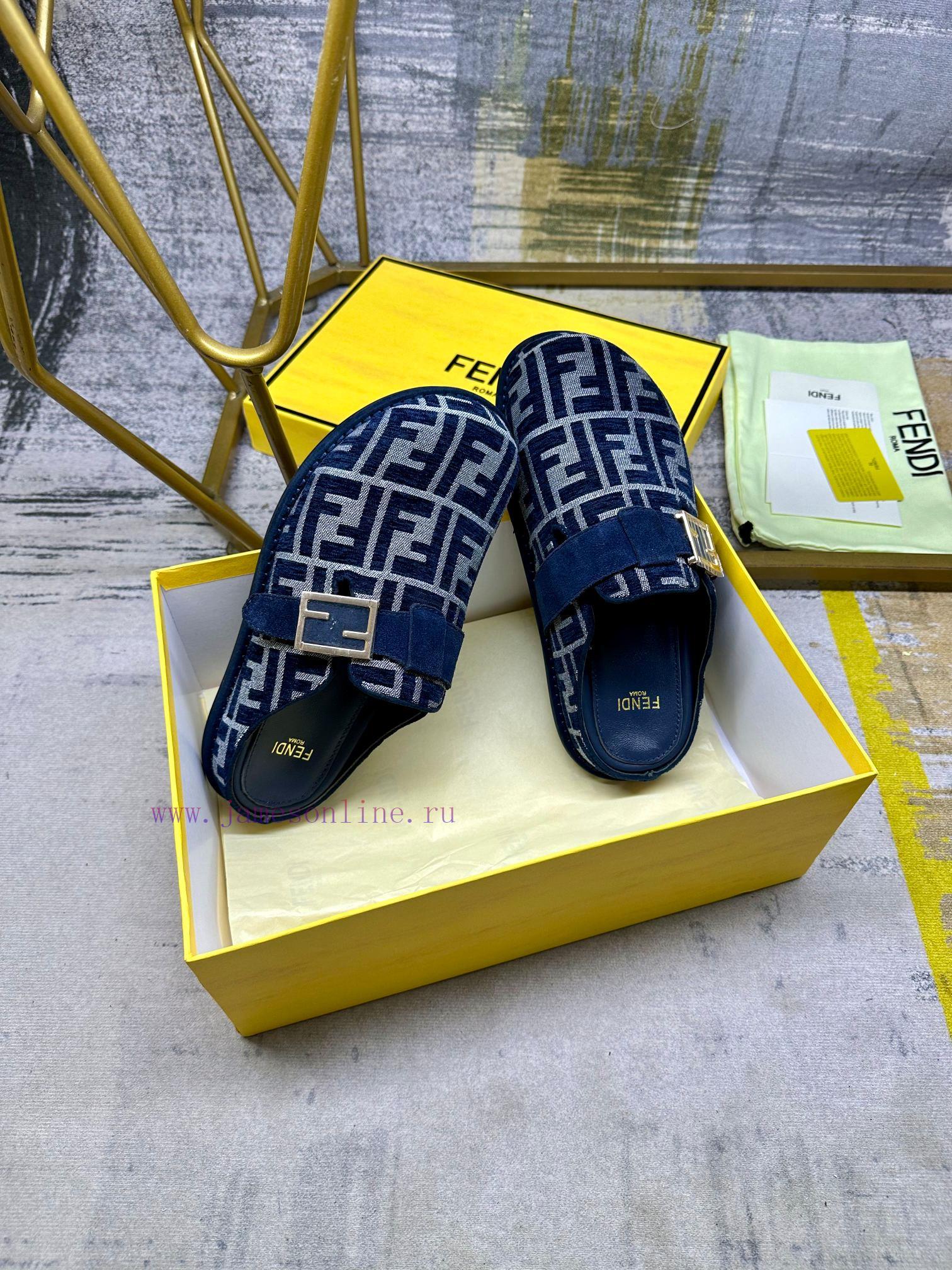 FENDI's latest popular half pack slippers with FF decorative buckle, gray denim material decxgokecvk - Image 7