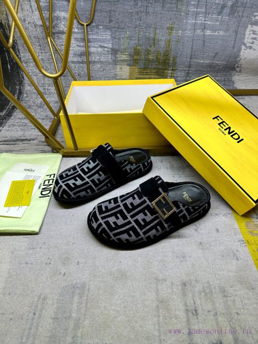 FENDI's latest popular half pack slippers with FF decorative buckle, gray denim material decwwym7v4e - Image 4