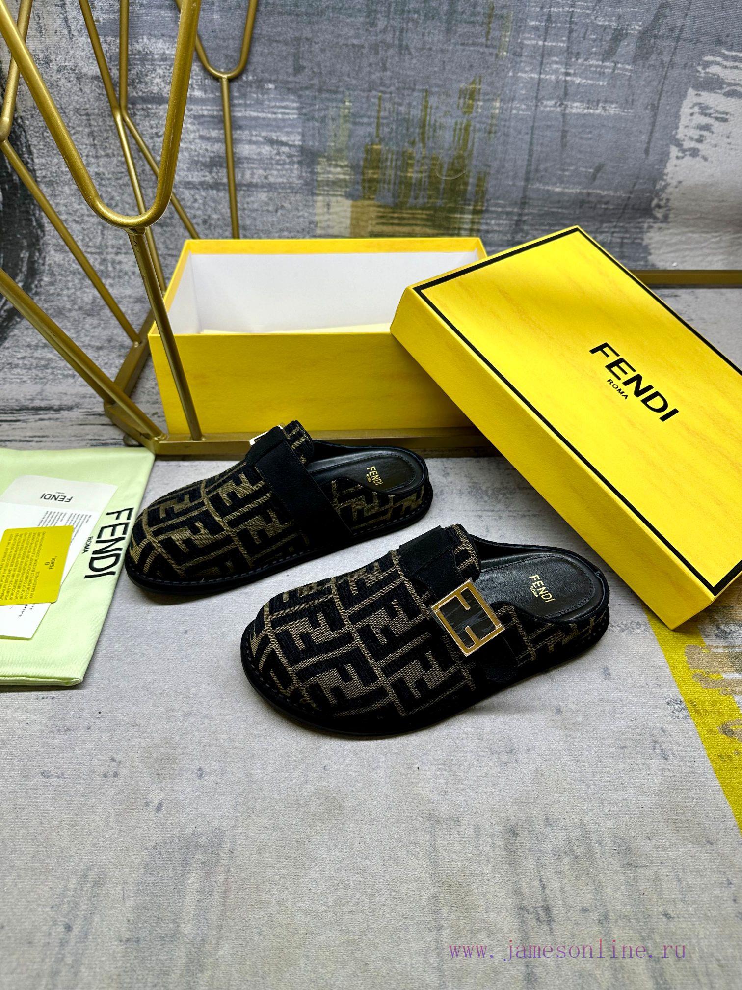 FENDI's latest popular half pack slippers with FF decorative buckle, brown denim material deqau80due - Image 3