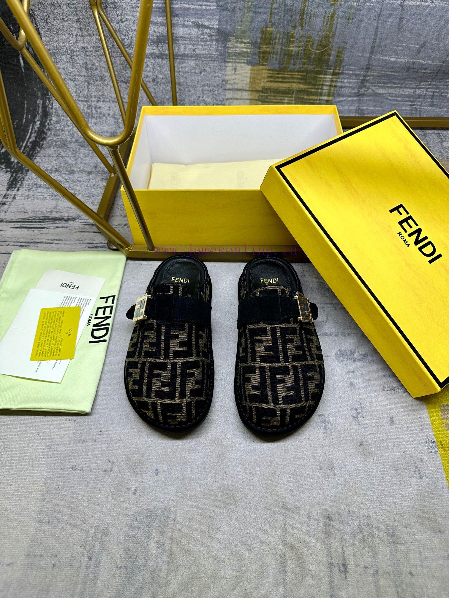 FENDI's latest popular half pack slippers with FF decorative buckle, brown denim material deqau80due - Image 4