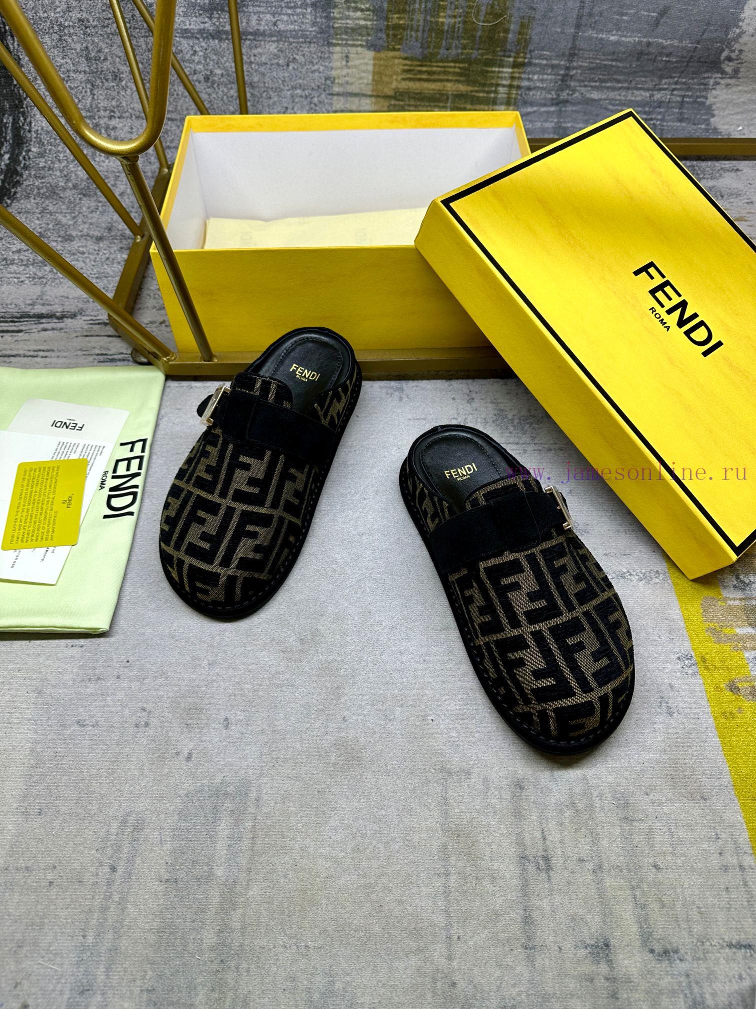 FENDI's latest popular half pack slippers with FF decorative buckle, brown denim material deqau80due - Image 5