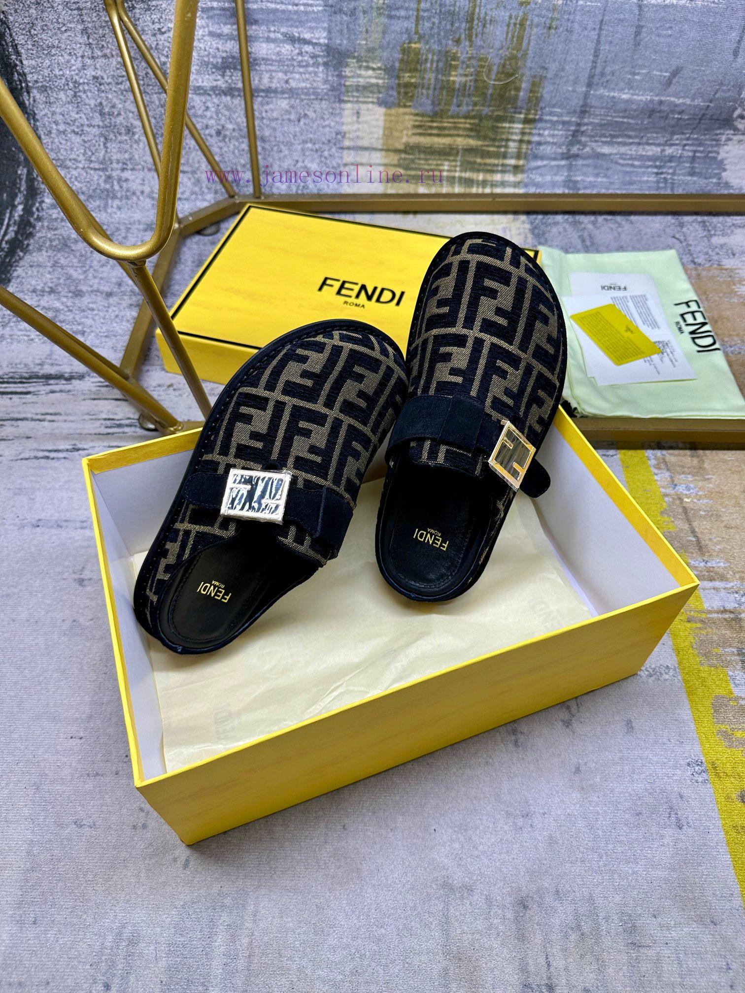 FENDI's latest popular half pack slippers with FF decorative buckle, brown denim material deqau80due - Image 6