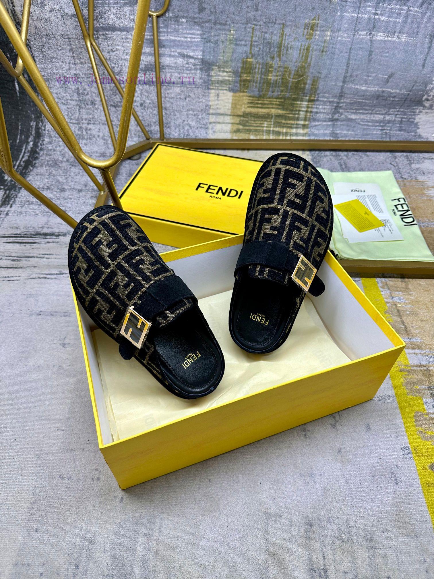 FENDI's latest popular half pack slippers with FF decorative buckle, brown denim material deqau80due - Image 7