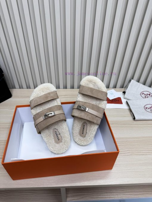 Couple style fashion hit Hermes wool slippers, excellent qualityThe shoe upper is made of im56kocg3t - Image 4