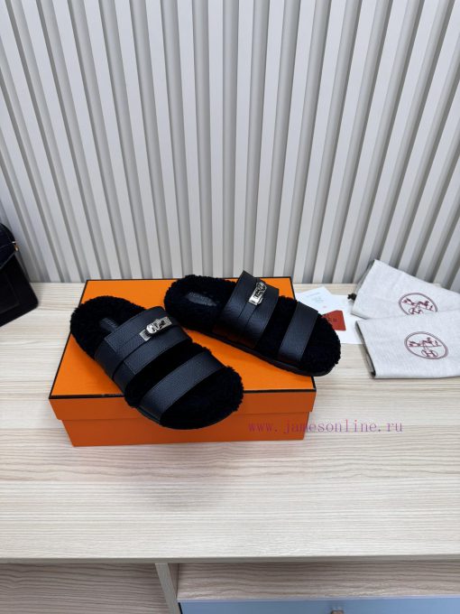 Couple style fashion hit Hermes wool slippers, excellent qualityThe shoe upper is made of imq2hlis9w - Image 3
