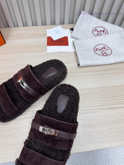 Couple style fashion hit Hermes wool slippers, excellent qualityThe shoe upper is made of iml7p2f4hd - Image 3