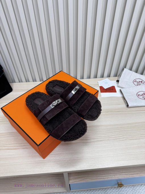 Couple style fashion hit Hermes wool slippers, excellent qualityThe shoe upper is made of iml7p2f4hd - Image 4