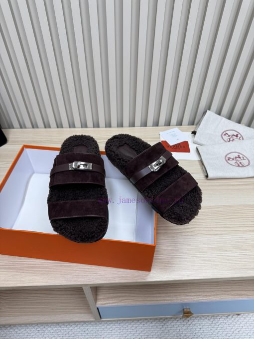 Couple style fashion hit Hermes wool slippers, excellent qualityThe shoe upper is made of iml7p2f4hd - Image 5