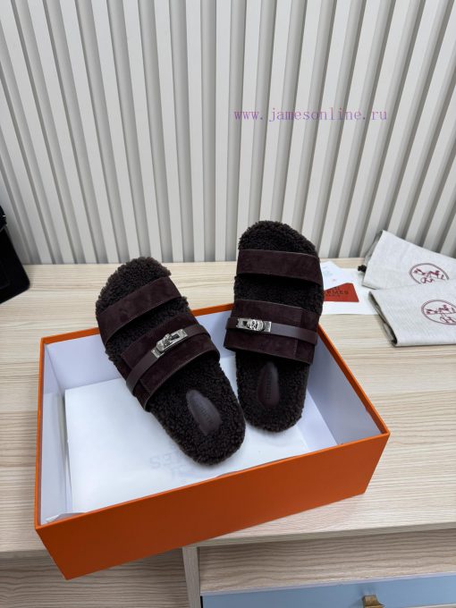 Couple style fashion hit Hermes wool slippers, excellent qualityThe shoe upper is made of iml7p2f4hd - Image 7